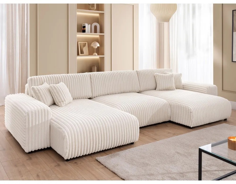 Krémszínű kordbársony kinyitható-tárolóhelyes (U alakú) sarokkanapé Sarina – Ropez