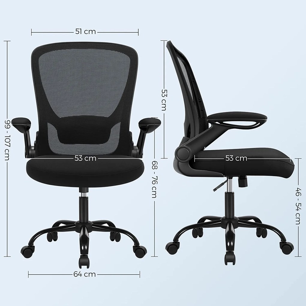 Irodai szék összecsukható karfákkal, ergonomikus számítógépes szék, fekete