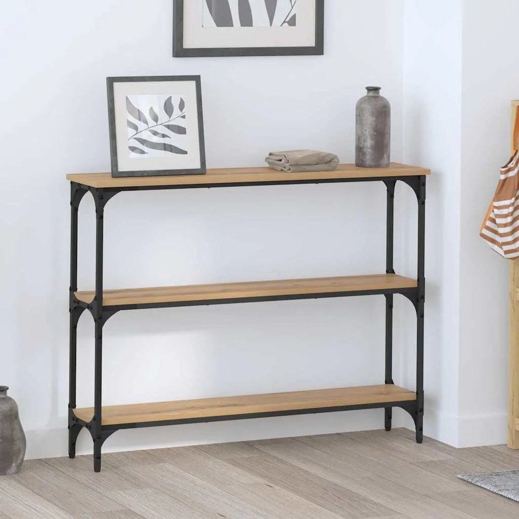 Konzolasztal polcokkal kézműves tölgy 100 x 22.5 x 75 cm