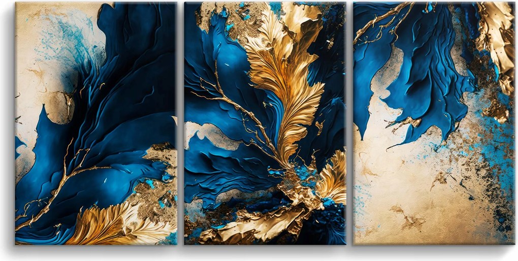 Absztrakt vászonkép hálószobába Kobalt és arany levelek 90x180