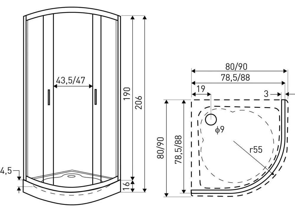 Madera 90x90 cm íves zuhanykabin zuhanytálcával