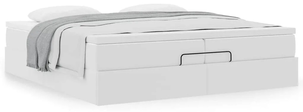 Ottomán ágykeret matraccal Fehér 200x200cm műbőrrel