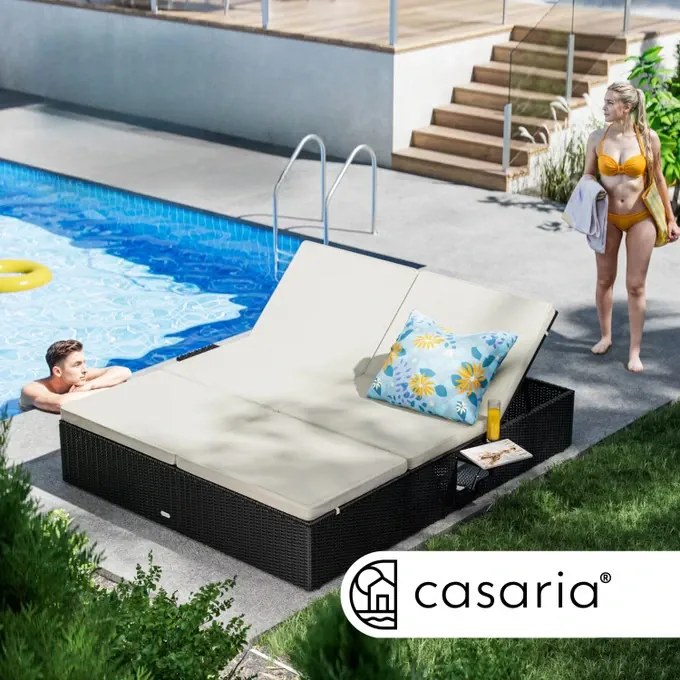 Deuba Kerti rattan ágy 200x160 cm fekete - krémszínű párnák