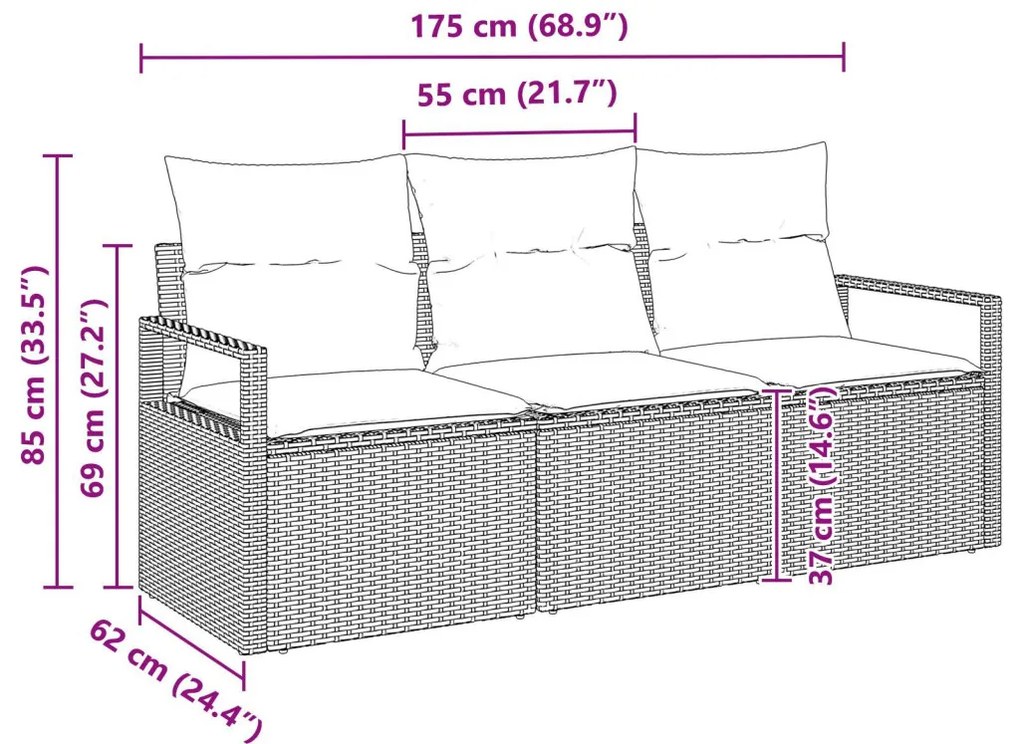 3 részes kert kanapé szett párnákkal, szürke poli rattan, 2-személyes kert kanapé párnákkal, szürke poli rattan