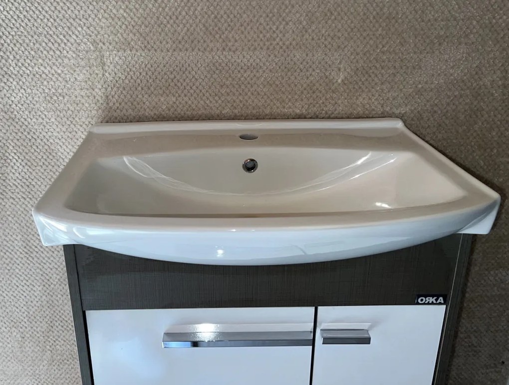 Fürdőszobai alsó szekrény mosdóval és tükörrel FEHÉR/BARNA 65