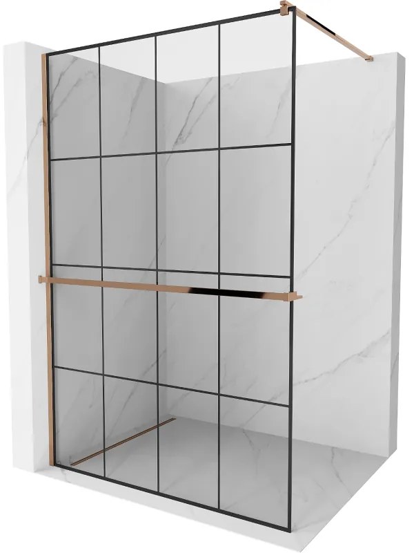 Mexen Kioto +, zuhanyparaván polccal és törölközőtartóval 130 x 200 cm, 8mm átlátszó üvegmintás fekete, rózsa arany profil, 800-130-121-60-7