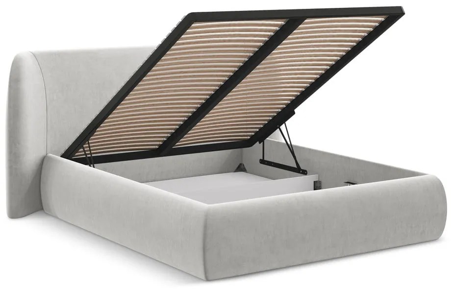 Világosszürke kárpitozott ágyneműtartós franciaágy ágyráccsal 140x200 cm Hauke – Makamii