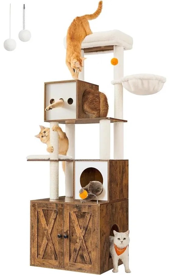 Macska kaparó, 185 cm magas macska kaparóoszlop alomdobozzal, rusztikus barna