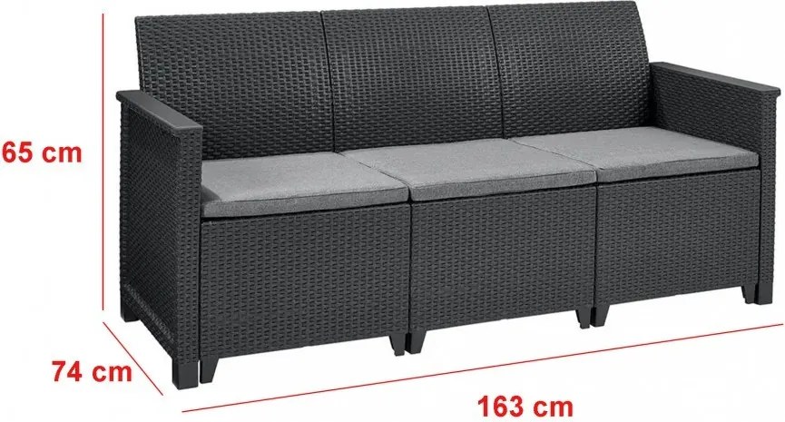Emma műrattan kerti bútor szett 3 üléses kanapéval chicago asztallal grafit színben