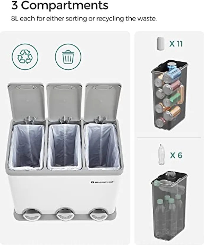 3 x 8 literes konyhai szemetes tetővel, fém pedálos, acél, könnyen tisztítható, fehér és szürke