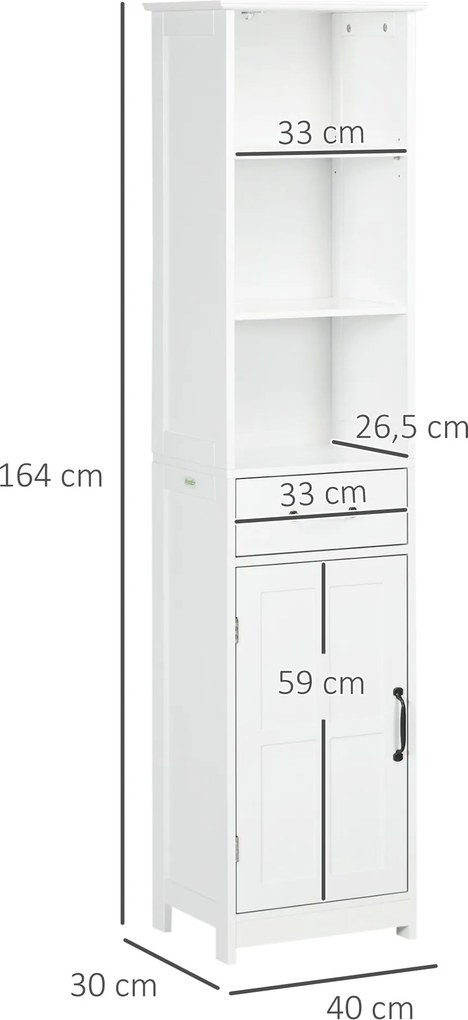 Kleankin Slim Fürdőszobai Tároló Szekrény 3 Nyitott Rekesszel, Fiókkal és Állítható Polccal, 40 x 30 x 164 cm, Fehér | Aosom