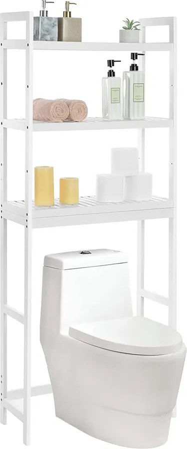 Mosógép feletti tárolószekrény, bambusz fürdőszoba szekrény, fehér 63x26x163cm