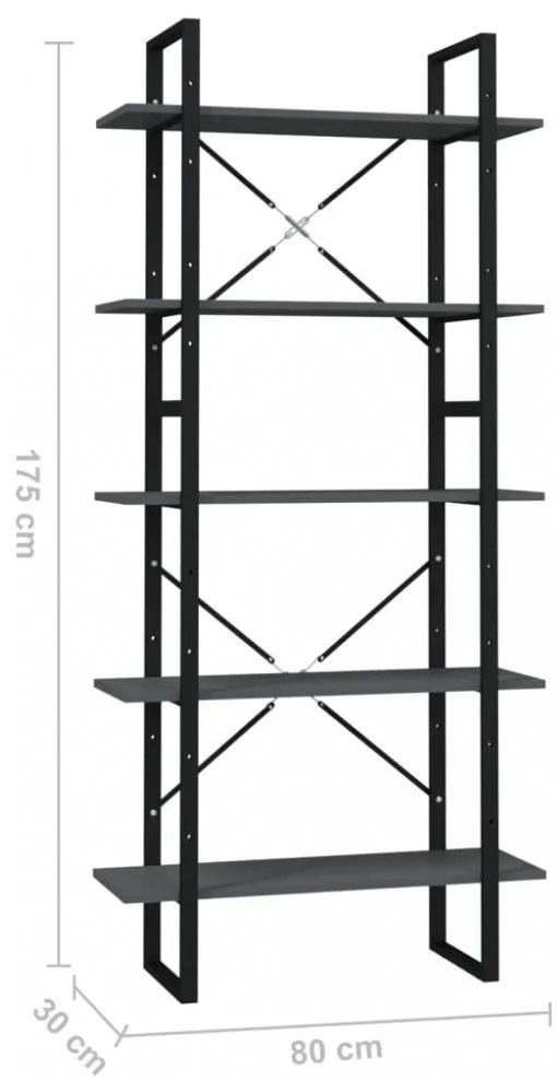 5 szintes szürke szerelt fa könyvszekrény 80 x 30 x 175 cm