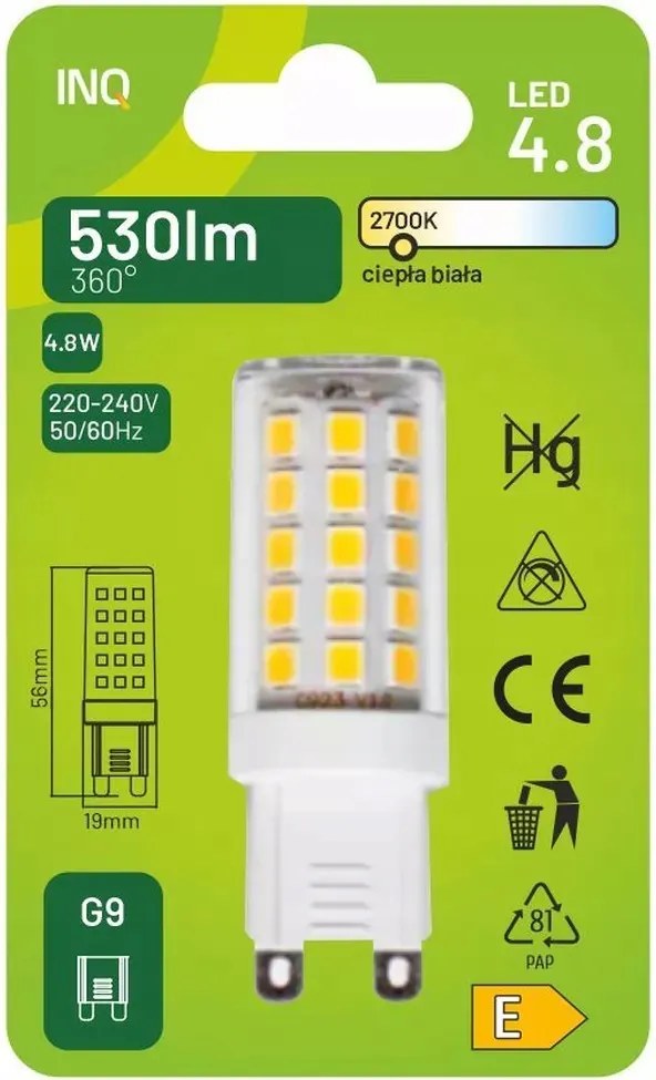 Led Izzó G9 230V 4,8W 45W Meleg 2700K
