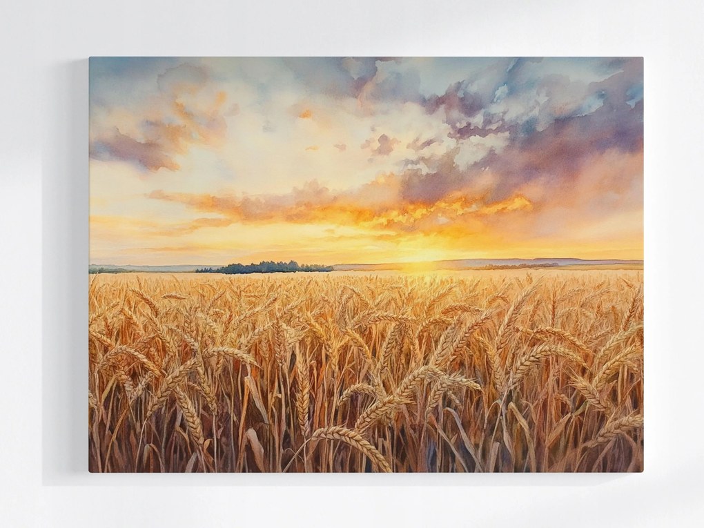 Poszter Tájkép Falu Mező Gabona Aratás Nyugat Nap 80x60