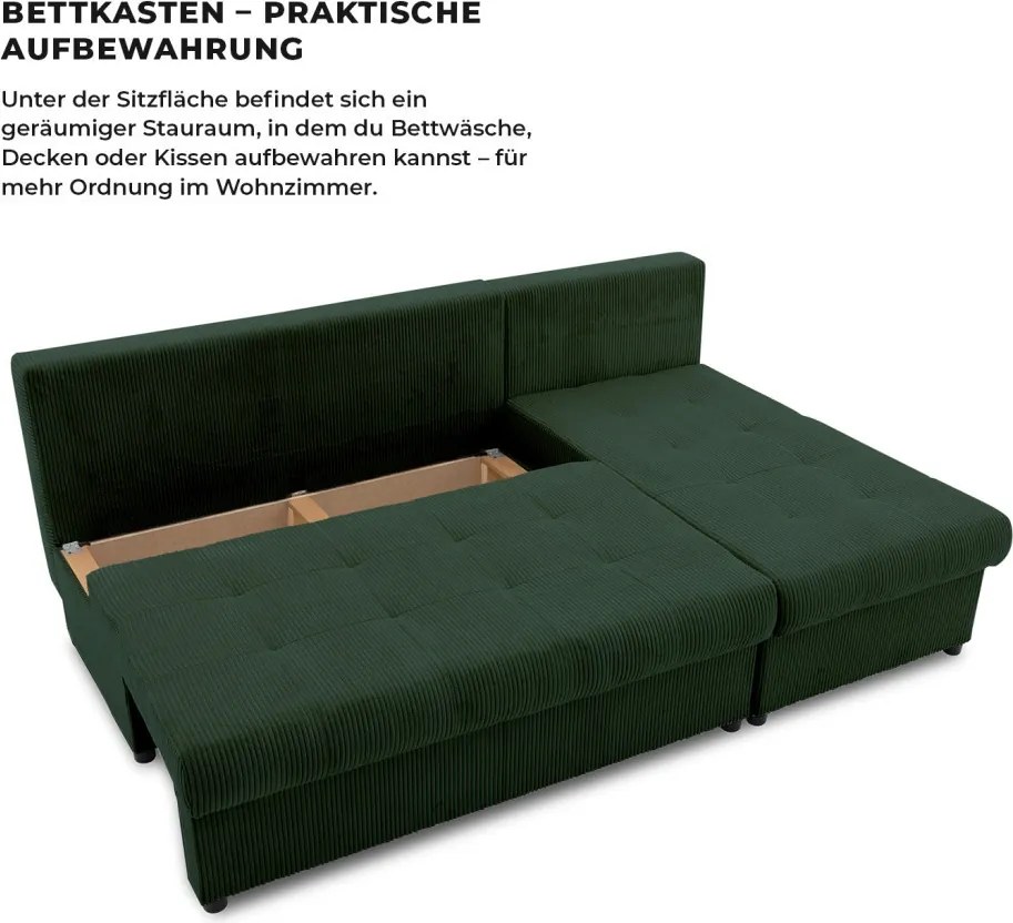 Venezia sarokkanapé, kordbársony, univerzális oldal, bonell töltet, zöld