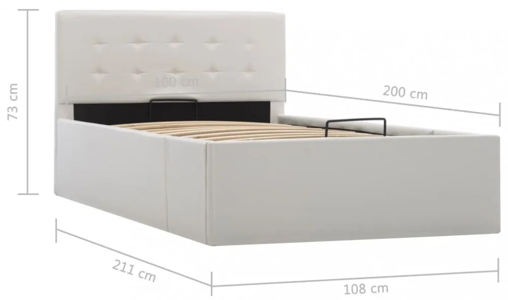 fehér műbőr ágykeret hidraulikus ágyneműtartóval 100 x 200 cm
