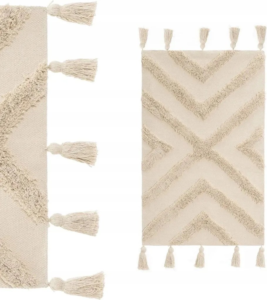 Pamut szőnyeg rojtokkal 80x50 cm bézs téglalap alakú szoba szőnyeg boho stílusban