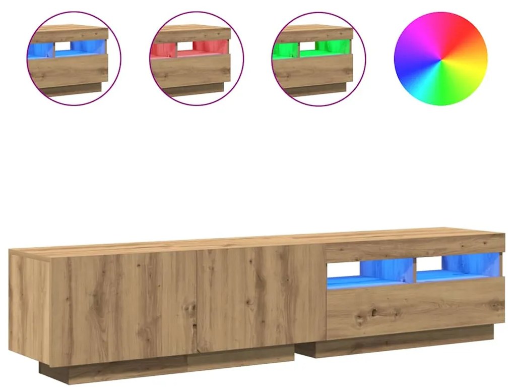 kézműves tölgy szerelt fa TV-szekrény LED-ekkel 180x35x40 cm