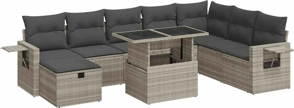 vidaXL 9 részes világosszürke polyrattan kerti ülőgarnitúra párnával