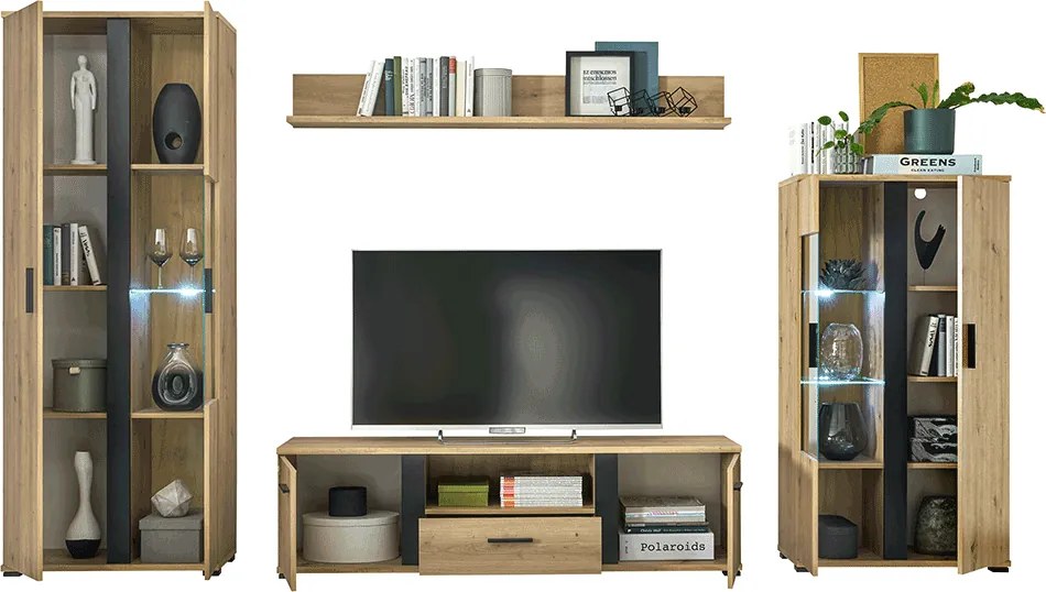 Nappali fal/szekrénysor, artisan tölgy/fekete, KANODE