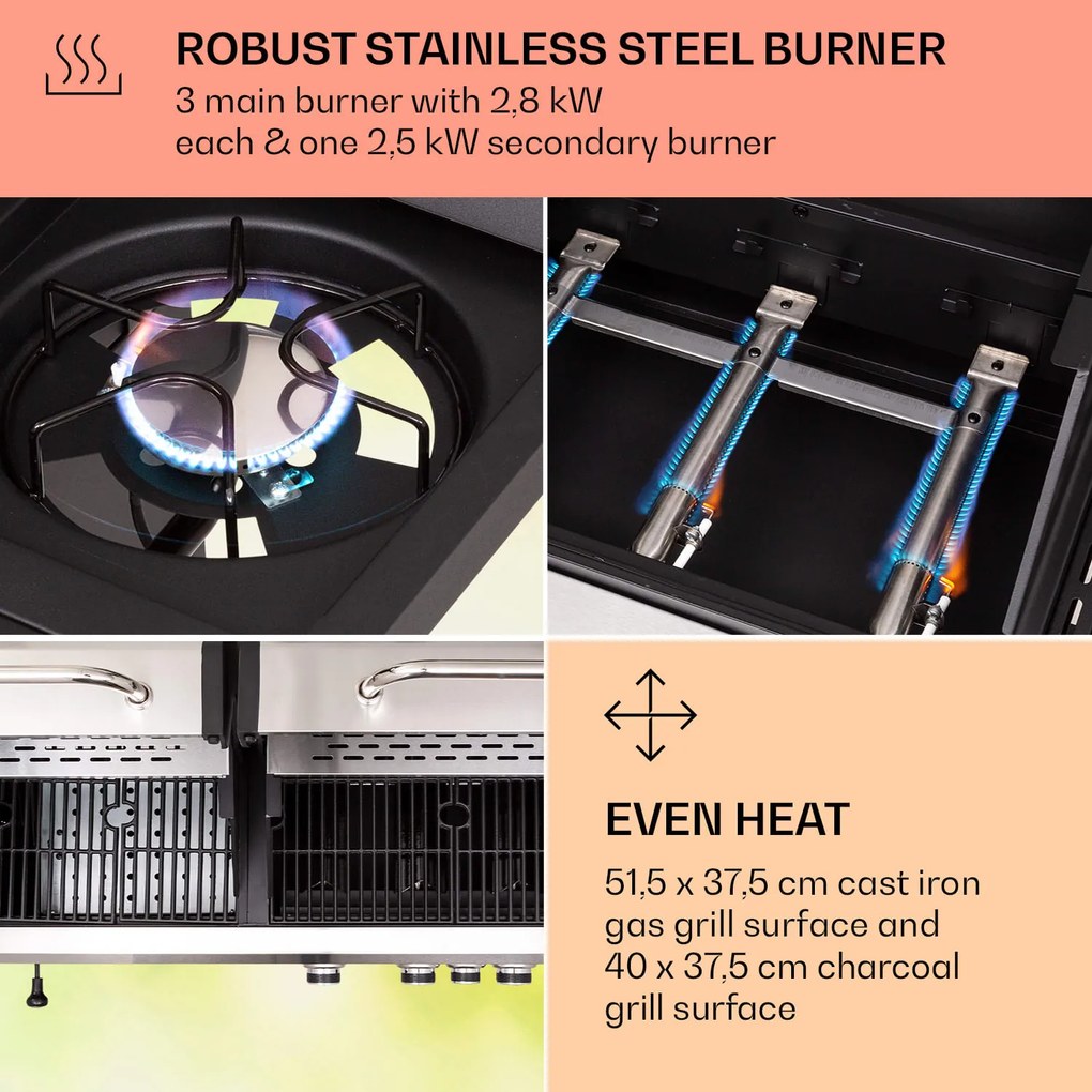 Kingsville 3.1, gáz + faszén kombinált grill, 10,9 kW, 3+1 égő, állítható magasság