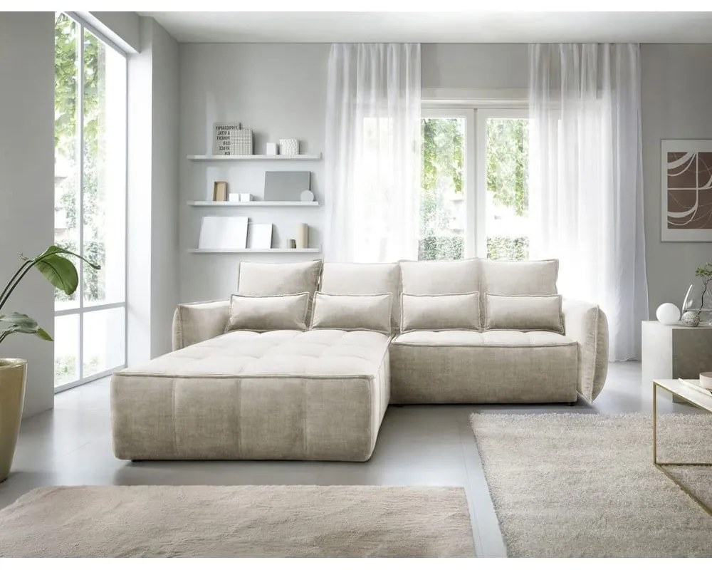 Bézs bársony kinyitható-tárolóhelyes sarokkanapé (bal oldali-heverő résszel) Campo – ELTAP
