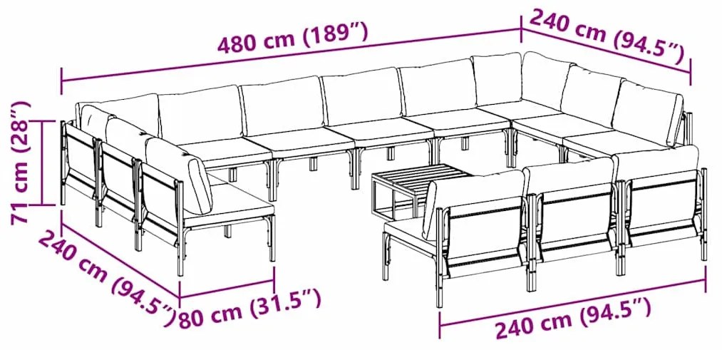 Kerti Kanapé Szett 14 pcs Antracitszürke Acél