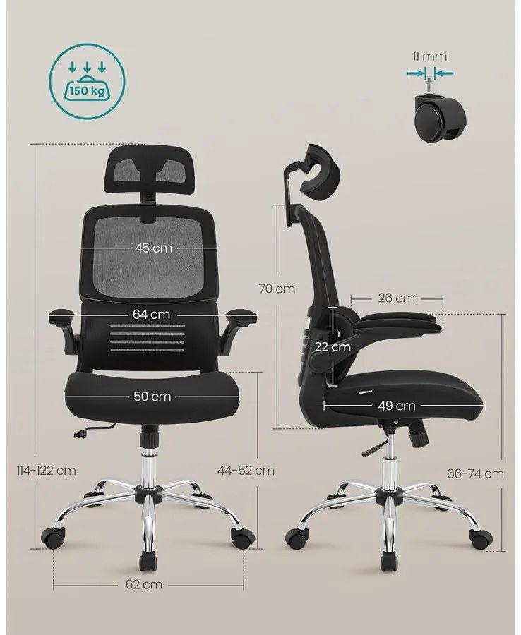 irodai szék, ergonomikus, hálós szék deréktámasszal és állítható fejtámlával, fekete