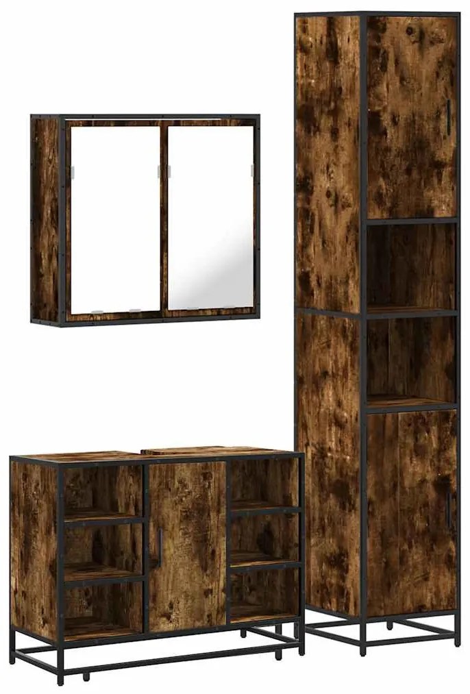 3 részes füstös tölgy színű szerelt fa fürdőszobai bútorszett