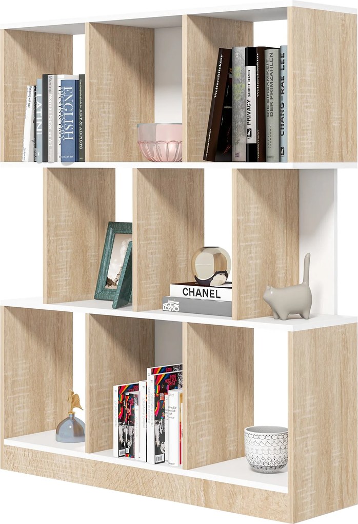 HOMCOM 8-Szintes Mobil Könyvespolc Nappalira és Hálószobába, Modern Forgácslap Könyvespolc, 100x24x124 cm, Fehér és Tölgy | Aosom