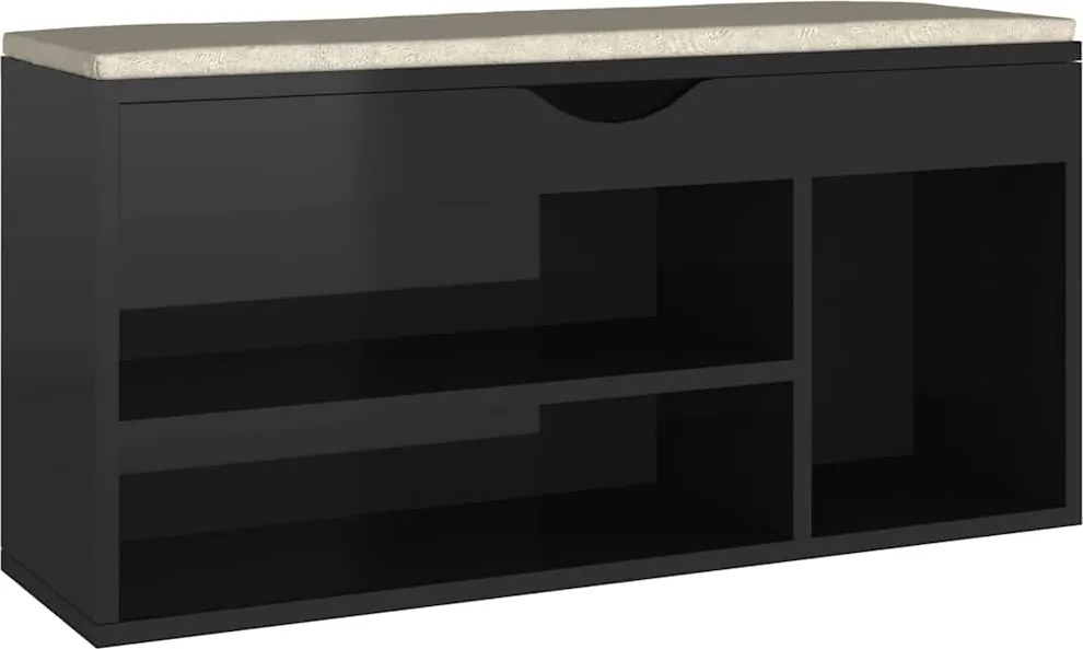 vidaXL magasfényű fekete cipőtároló pad párnával 104 x 30 x 49 cm