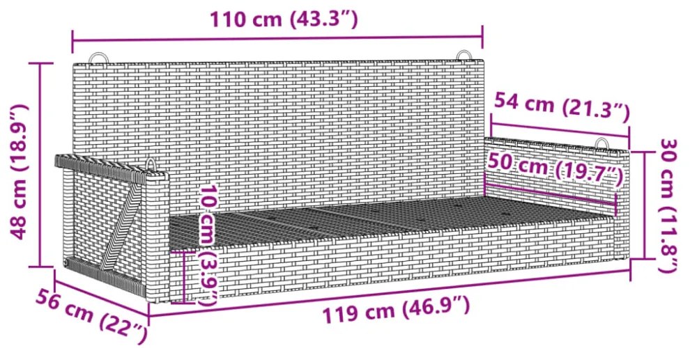 barna polyrattan hintapad 119 x 56 x 48 cm