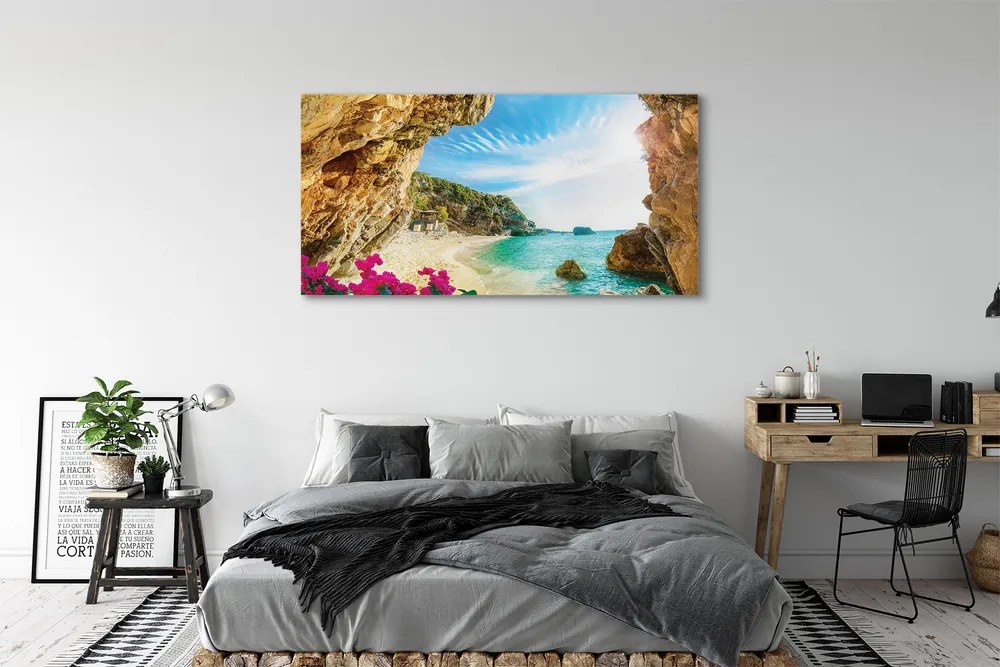 Canvas képek Görögország parti sziklák virágok 125x50 cm