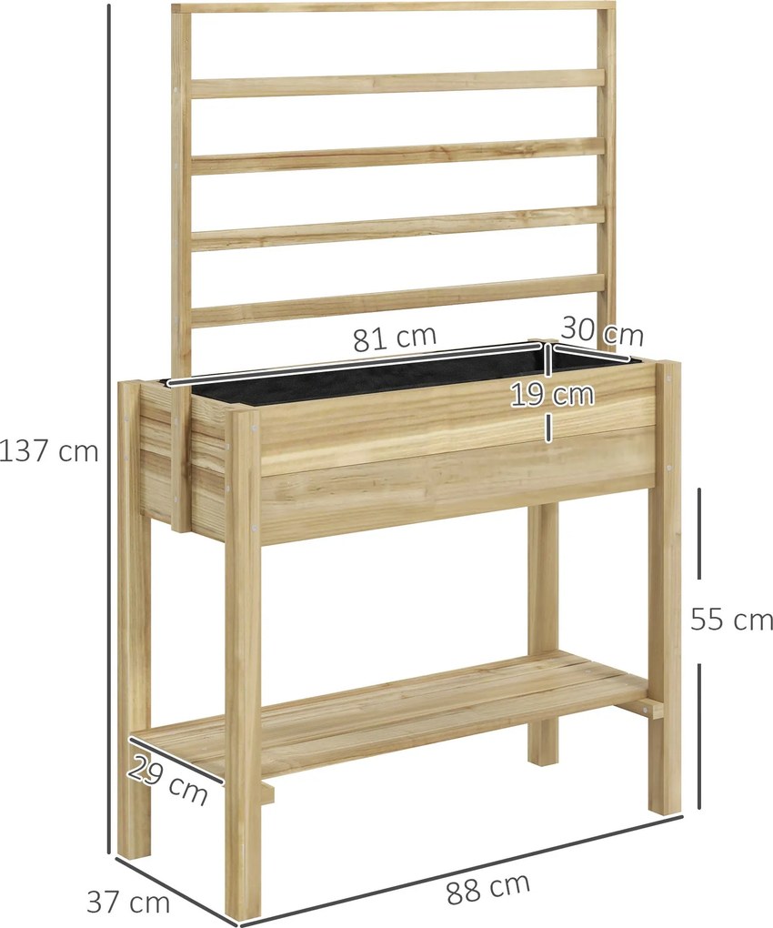 Outsunny Emelt Kertágy lábakkal, Kert Emelt Ültető Támasszal, Vízleeresztő Lyukakkal és Alsó Polccal, Emelt Fa Kertágy Virágokhoz, 88 x 37 x 137 cm, T