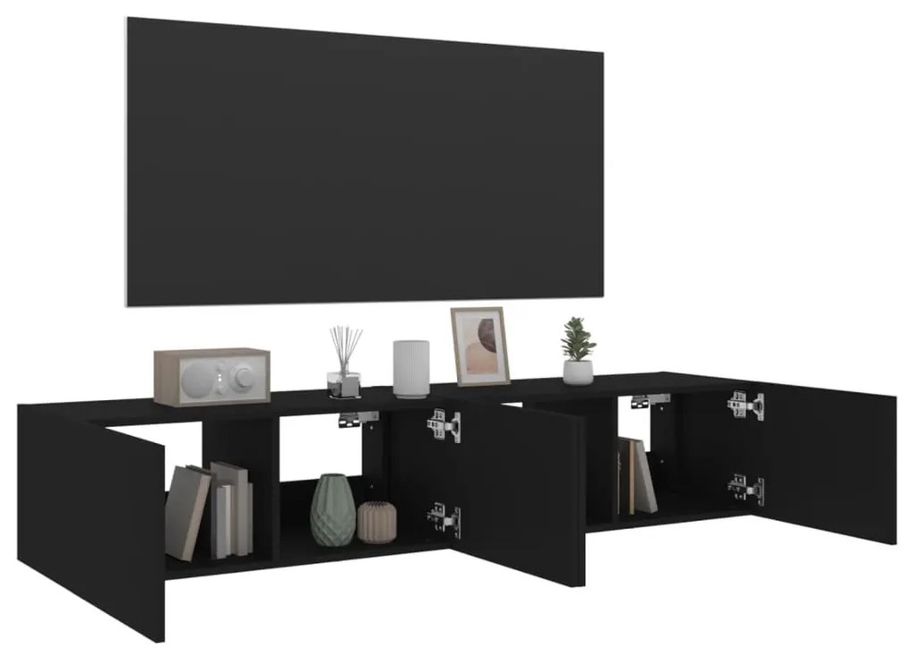2 db fekete falra szerelhető TV-szekrény LED-del 80x35x31 cm