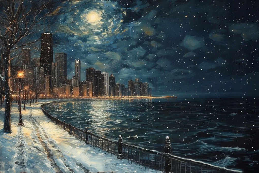 Vászonkép Canvas Éjszaka Panoráma Chicago Tél Hó Csillagok 120x80