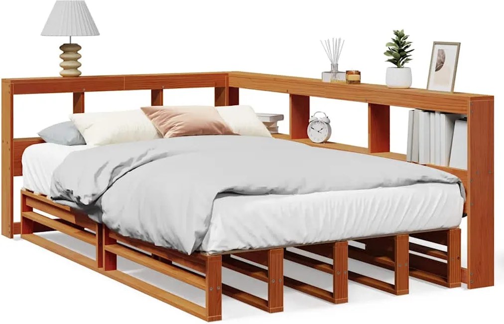 vidaXL barna tömör fenyőfa könyvespolcos ágy matrac nélkül 120 x 190cm