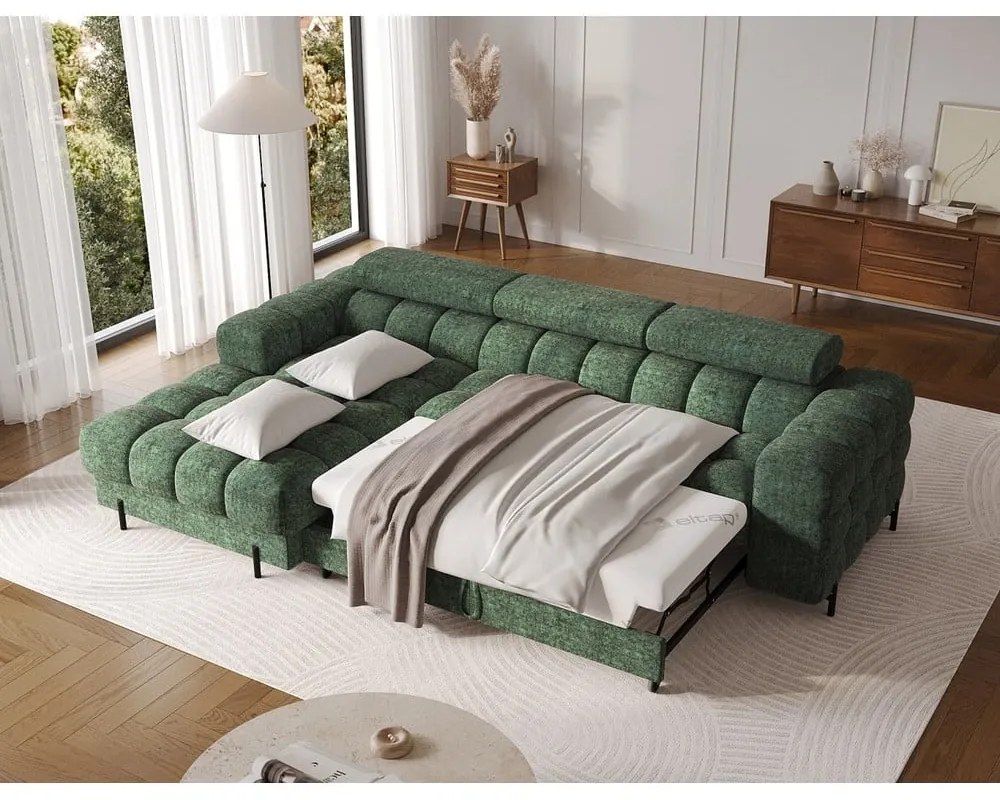 Zöld buklé kinyitható-tárolóhelyes sarokkanapé (bal oldali-heverő résszel) Felro – ELTAP