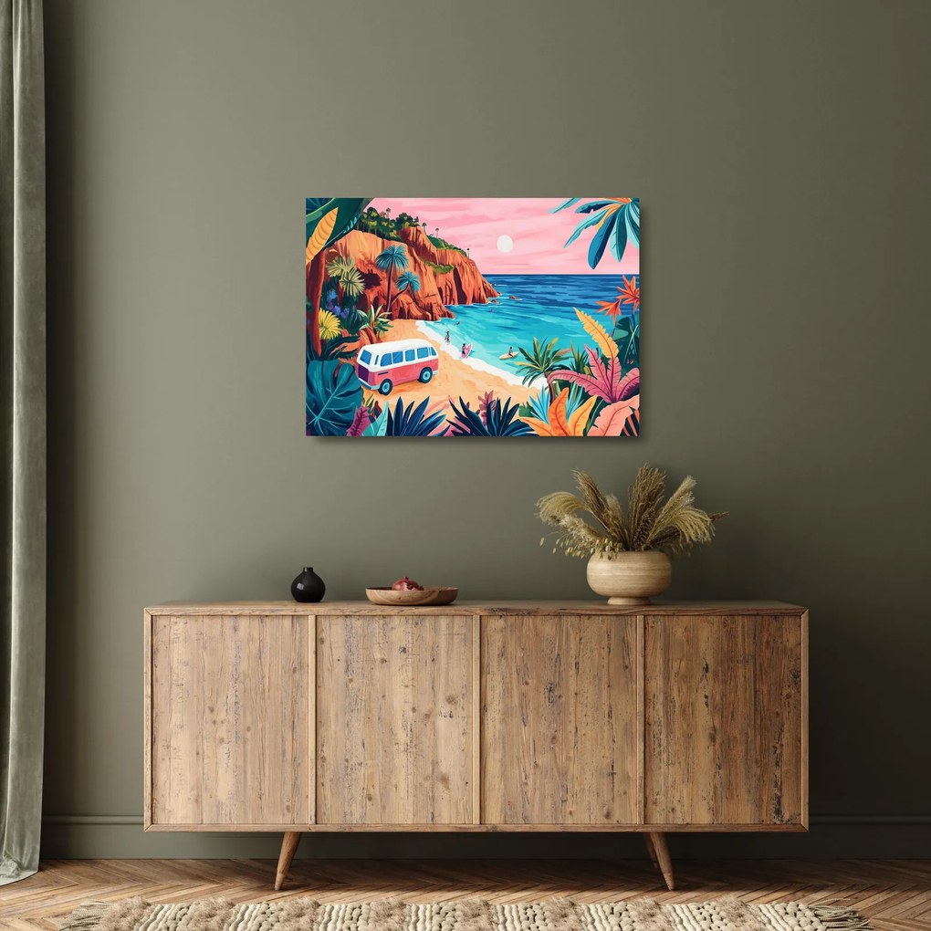 Üveg kép - Lakóautó az óceánnál (70x50 cm)