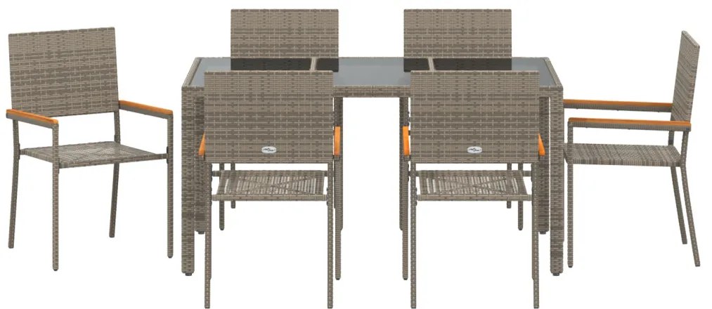 7 Darabos Kerti Étkezősor Szürke Poli Rattan, Párnázott Kerti Székek Huzattal 2 db Szürke Poli Rattan