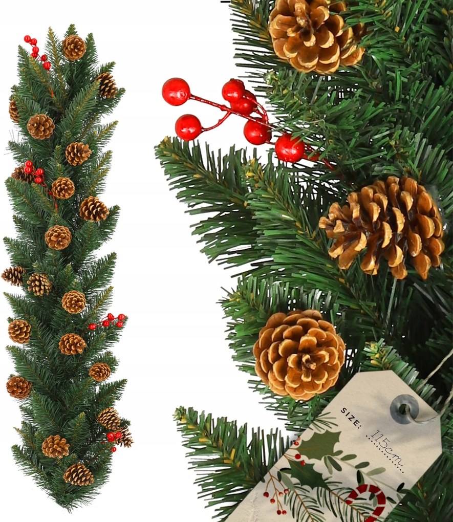 Karácsonyi Karácsonyfa Füzér Mesterséges Sűrű Toboz Lánc Prémium 115 cm