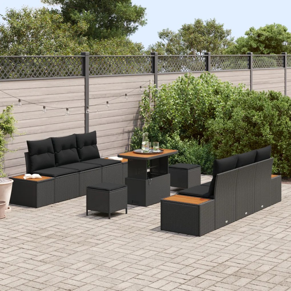 9 darabos kerti sofa szett párnákkal fekete poli rattan akác, 3 darabos kerti étkező szett párnákkal fekete poli rattan akác