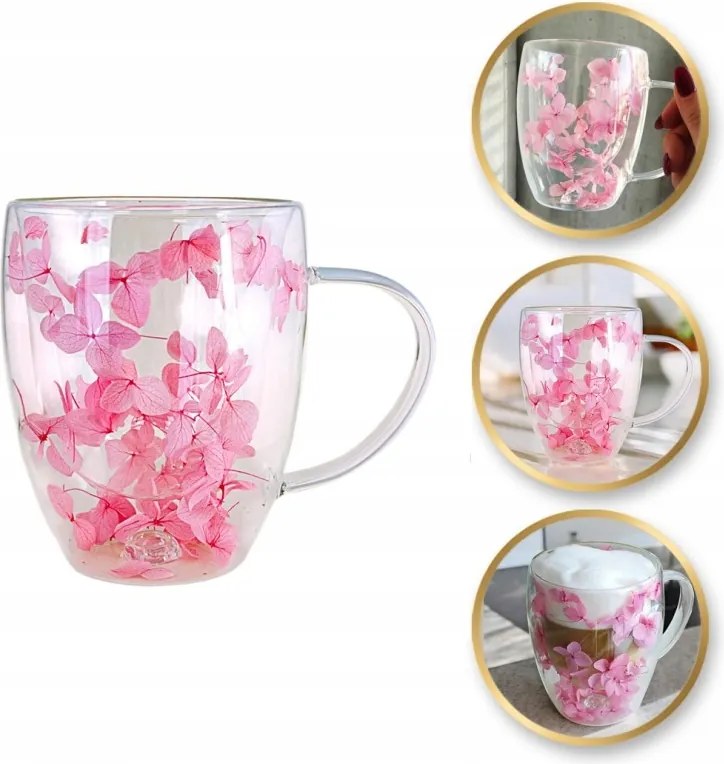 Kávés pohár Tea Virágokkal Hortenzia Ajándék Neki Rózsaszín 300ml