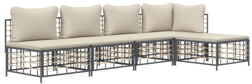 5 részes antracitszürke polyrattan kerti ülőgarnitúra párnákkal