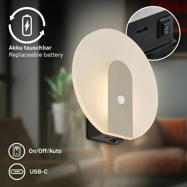 Briloner 3889012 - TARO újratölthető LED fali lámpa érzékelővel 2,5W/5V 1800 mAh matt