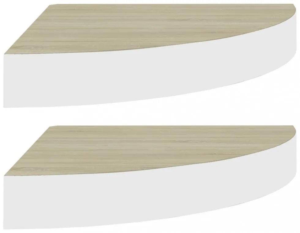 2 db fehér-tölgyszínű MDF fali sarokpolc 25 x 25 x 3,8 cm