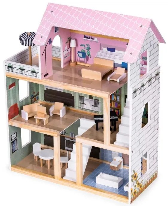 Fa babaház, 3 emelet, terasz 15 darab bútorral ECOTOYS