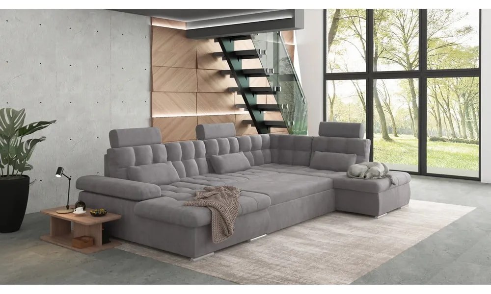 Szürke kinyitható tárolóhelyes sarokkanapé (jobb oldali-U alakú) Merkur – Ropez