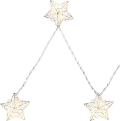 Globo 29861-10 LED fényfüzér fém ezüst csillagokkal, melyek között távolság 10 cm. Elemmel működtethető (nem tartozék, 2xAA) HxSzxM:900x55x15, inkl. 10xLED 0,03W 3V, 3000K